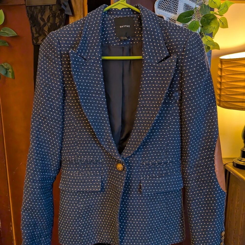 Navy Blue Smythe Blazer White Polka Dots Gold Buttons. Size 4 fits like size 2